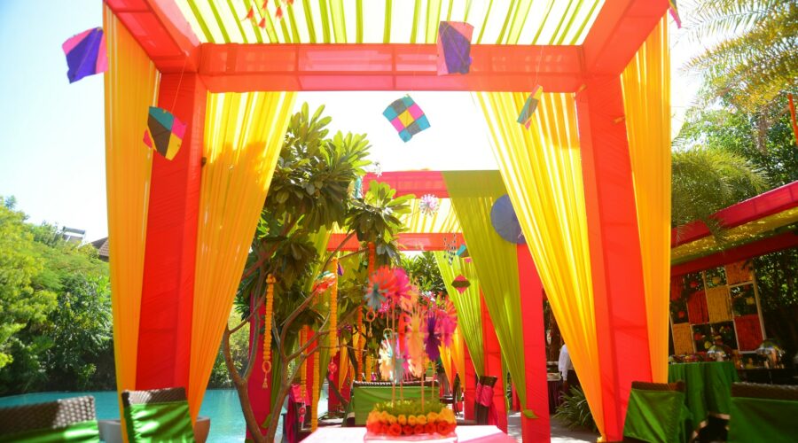 A colorful decorated entrance for a celebration.
