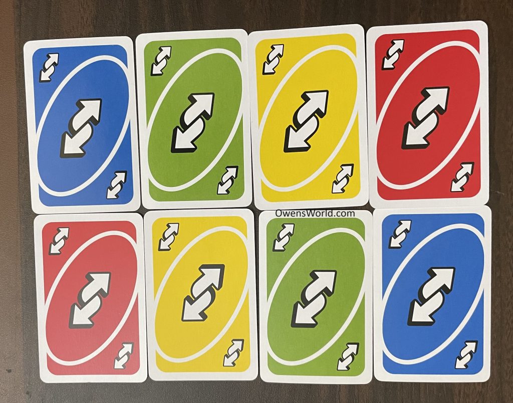 Eight Uno reverse cards - 2 blue, 2 green, 2 yellow, 2 red