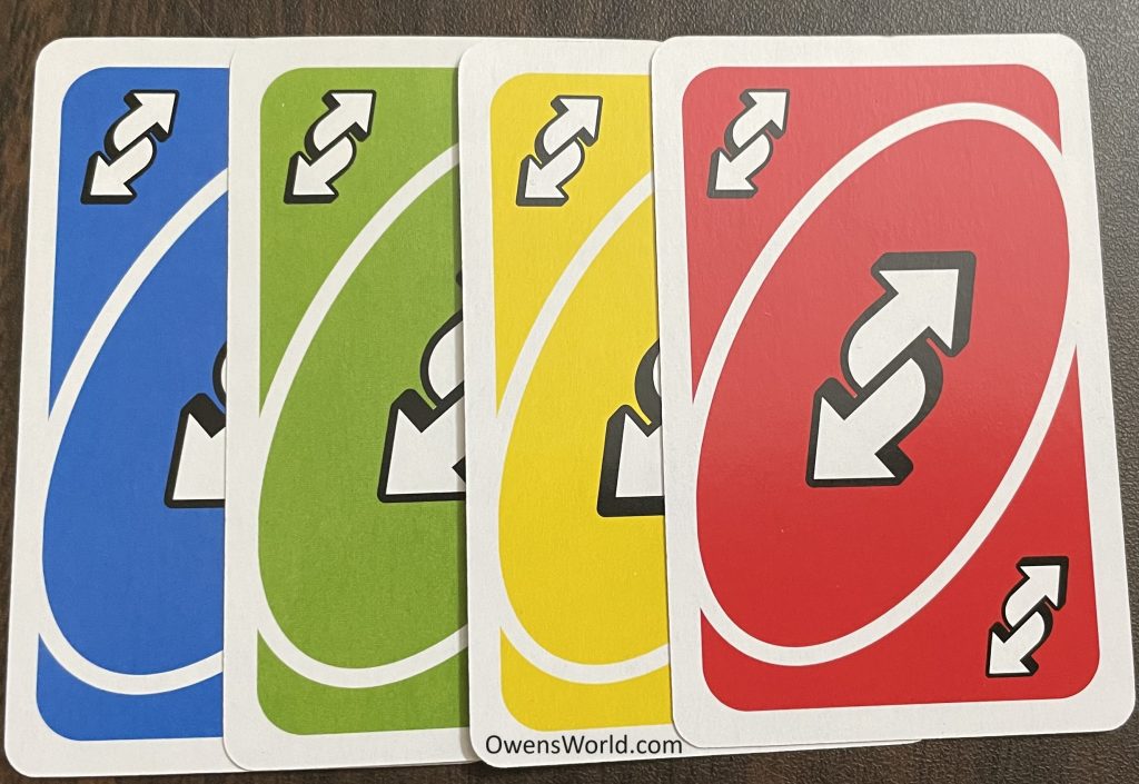 Four Uno reverse cards - blue, green, yellow, red